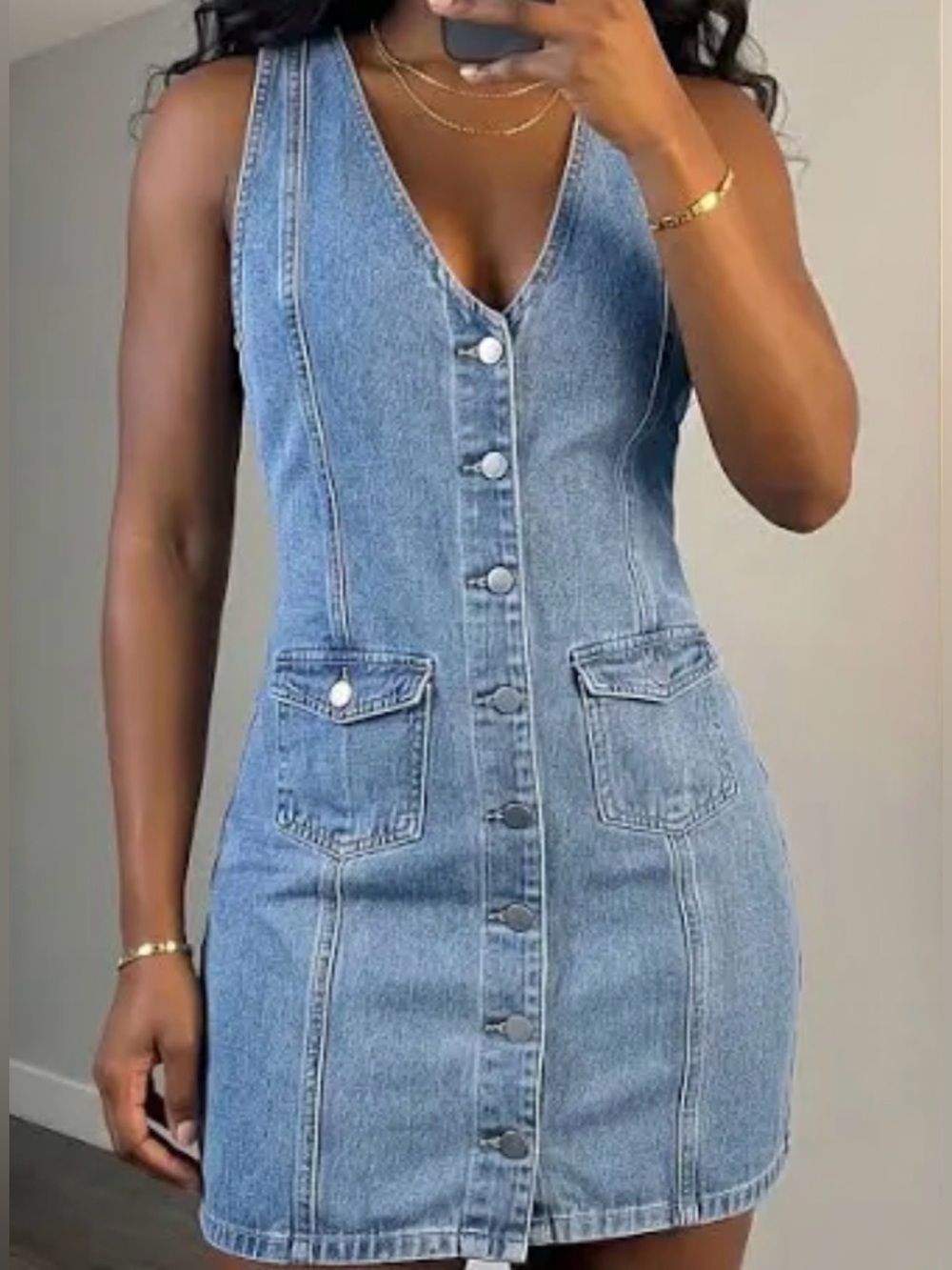 Sleeveless Button-Front Denim Mini Dress - Light Blue